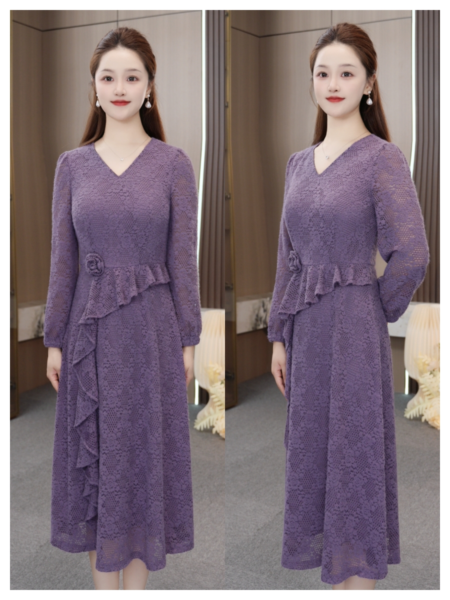 XH018【星禾女装】秋季新款时尚大气减龄镂空紫色连衣裙休闲妈妈装