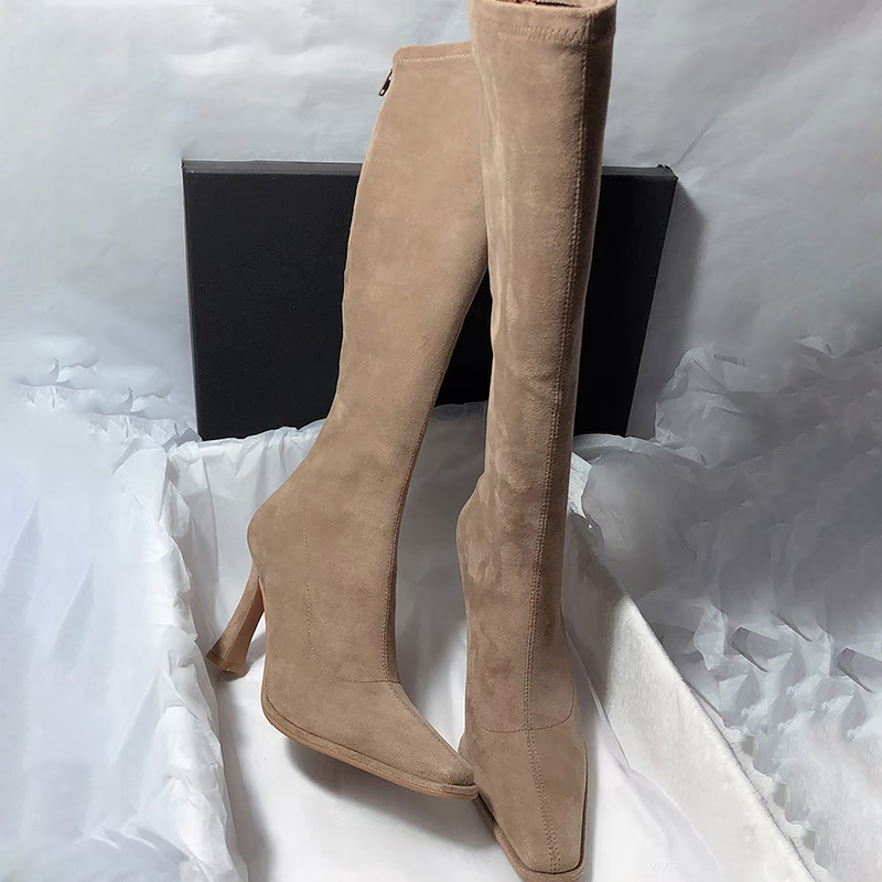 美拉德显瘦增高长筒靴秋冬新款瘦瘦靴子绒面舒适高跟弹力骑士长靴