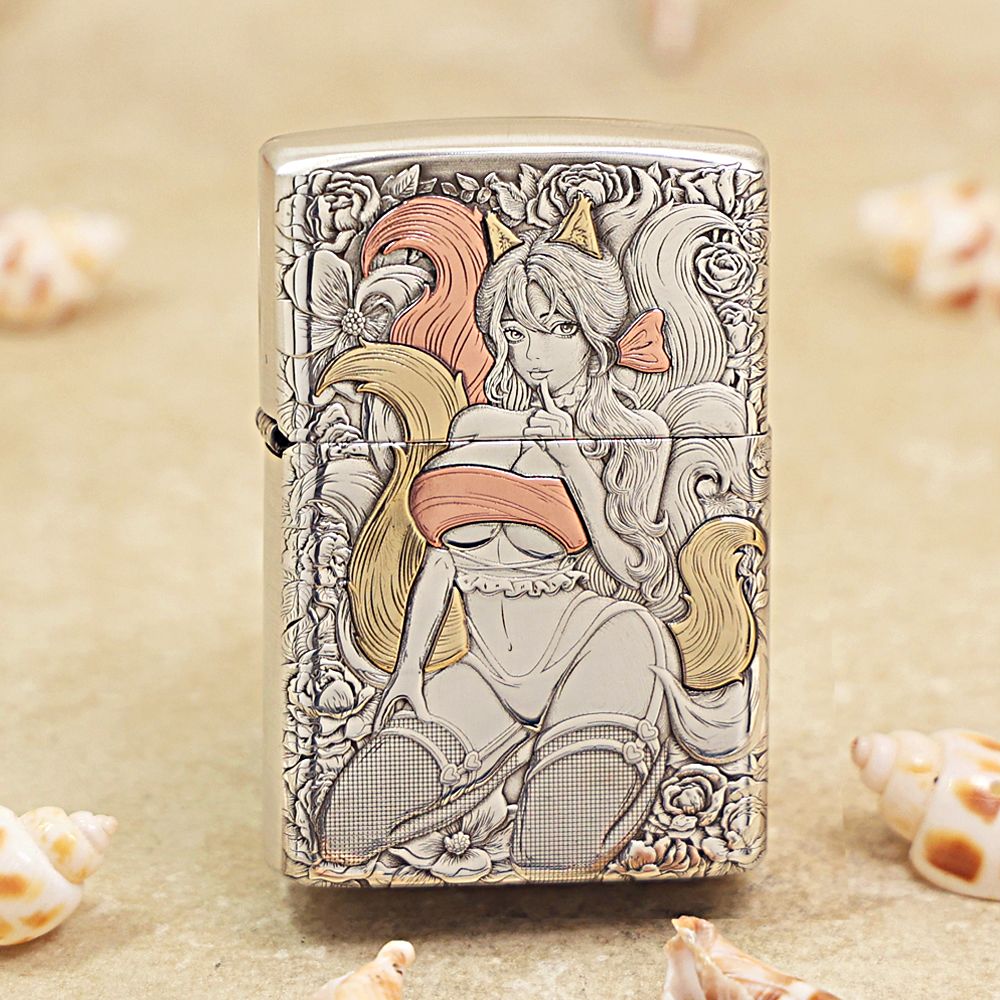 ZIPPO打火机丝袜九尾纯银套壳重甲3D浮雕拼紫铜黄铜DYJ1