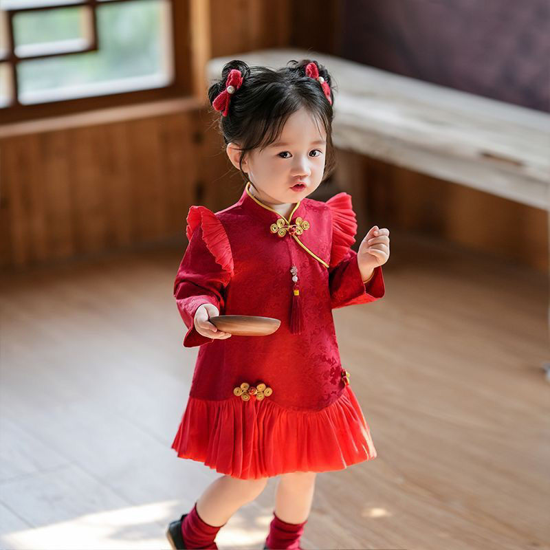 周岁女宝宝礼服秋季新中式中秋红色儿童连衣裙童装衣服女童公主裙