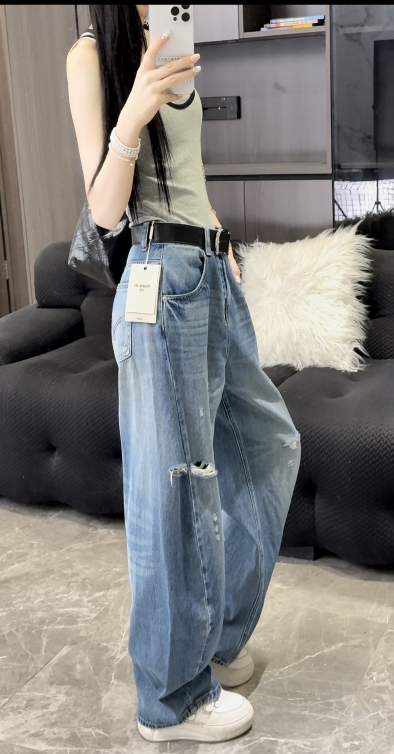 【柚子同款】夏季女阔腿裤百搭风复古风牛仔裤宽松长裤春秋百搭