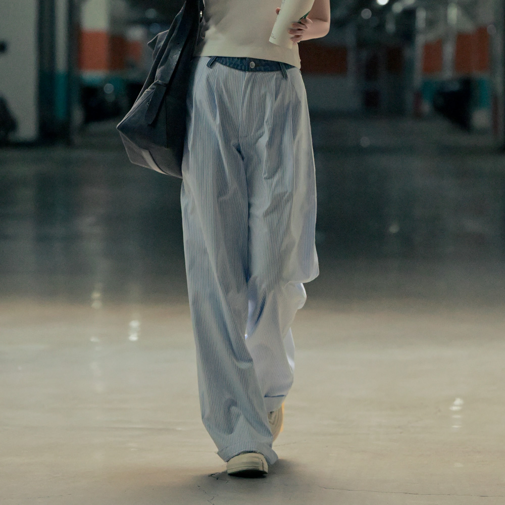 LUNAR NOSTALGIA2025夏款拼接牛仔腰海军蓝条纹薄款宽松阔腿裤女