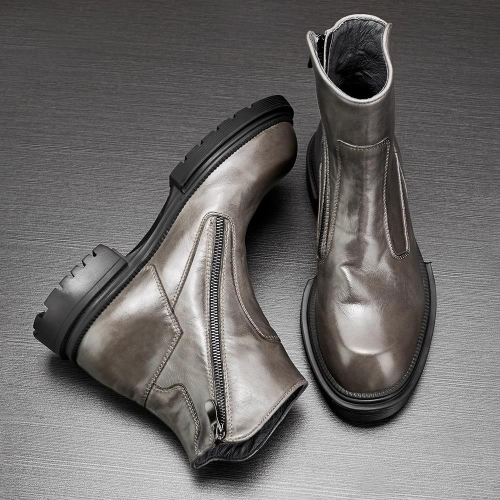 真皮靴子冬季新顶层牛皮高帮厚底时尚多功能靴子户外靴子休闲鞋男