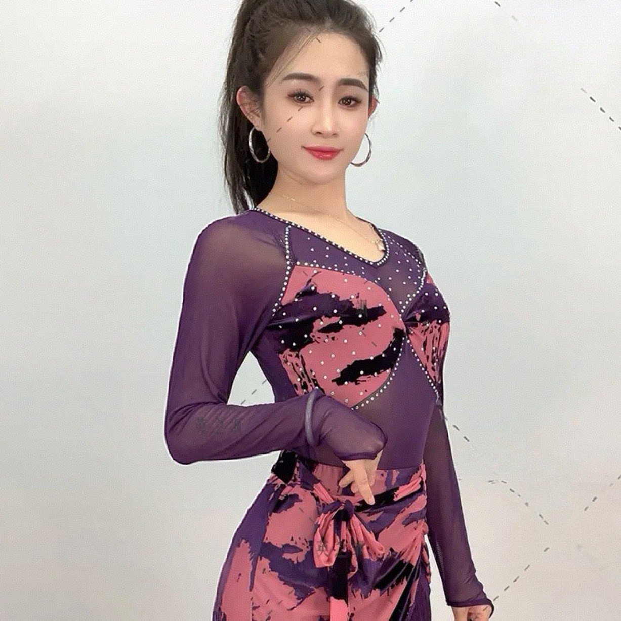 成人新款网纱长袖摩登舞服女装国标舞练功服拉丁舞训练服