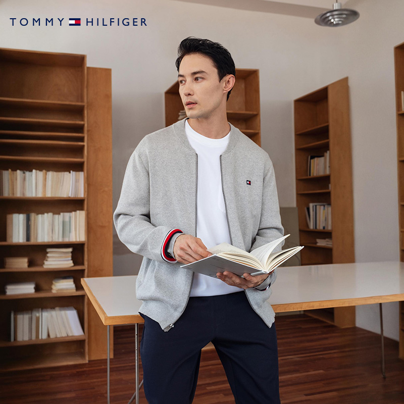 【拼色袖口】Tommy秋冬男装商务休闲通勤棒球领开衫针织外套J4973