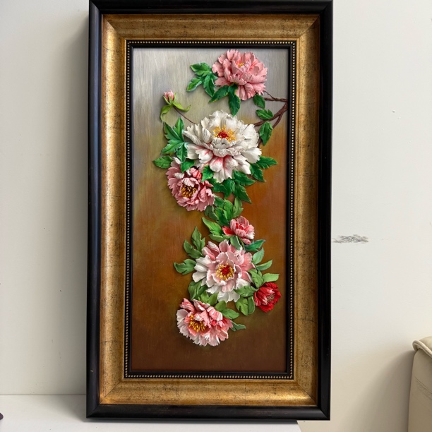 水墨牡丹花中式花鸟浮雕装饰画适合家装悬挂尺寸43*74