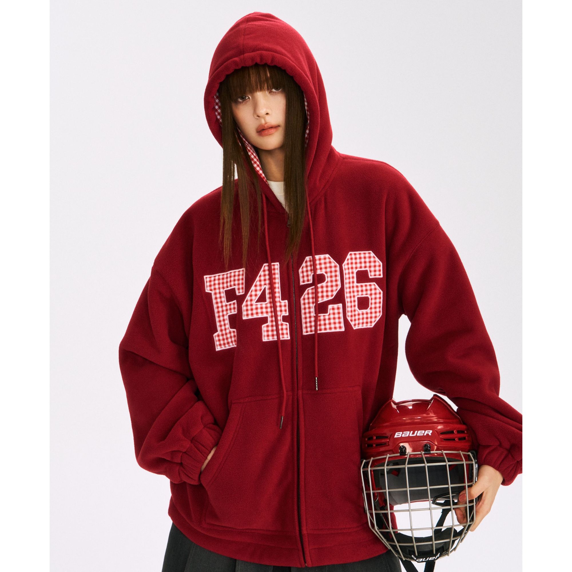 F426国潮牌秋季大logo小格子贴布绣加绒卫衣开衫红色连帽外套6616