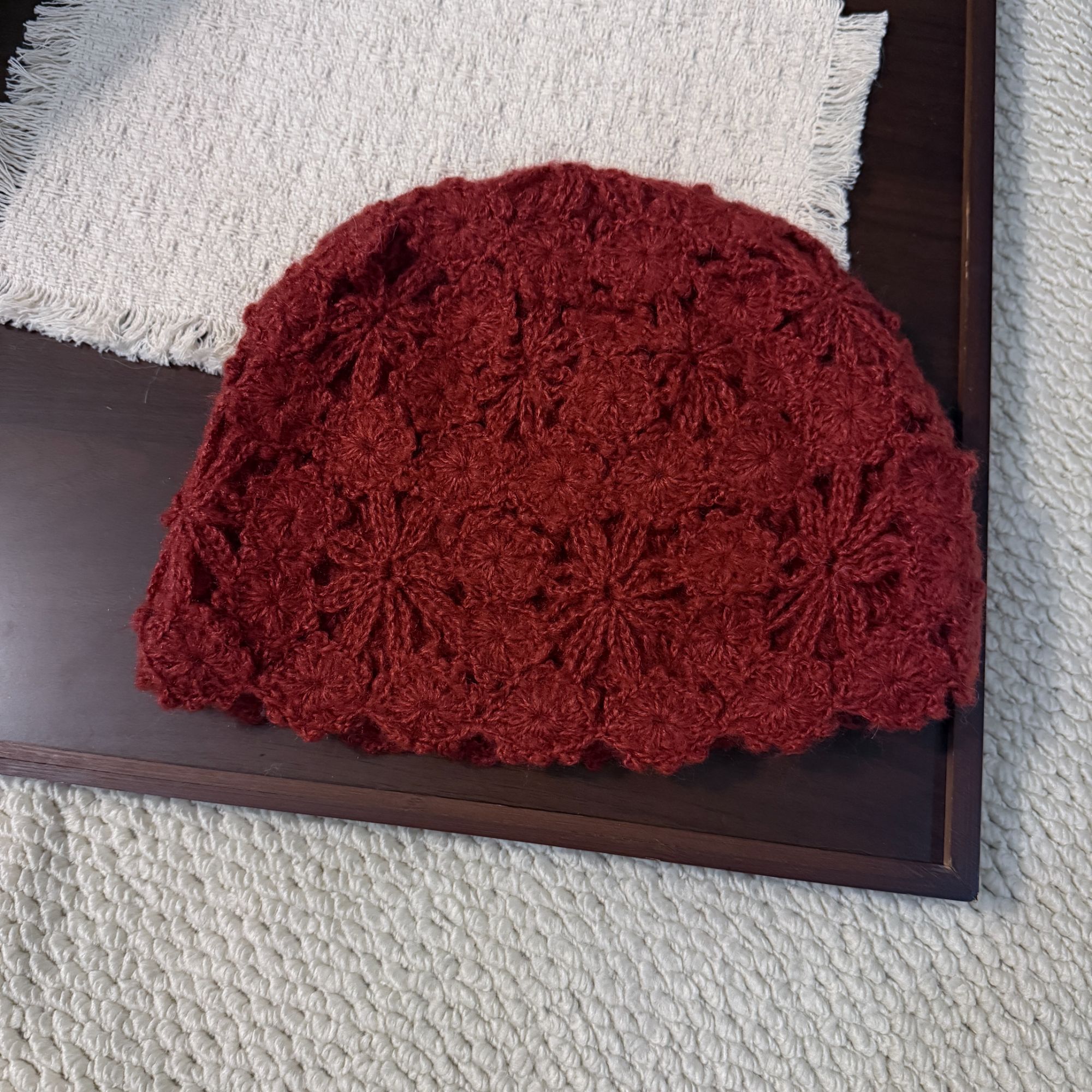 包头帽休闲风轻职风冬季无檐帽子秋冬百搭厚款韩版手工帽镂空花朵