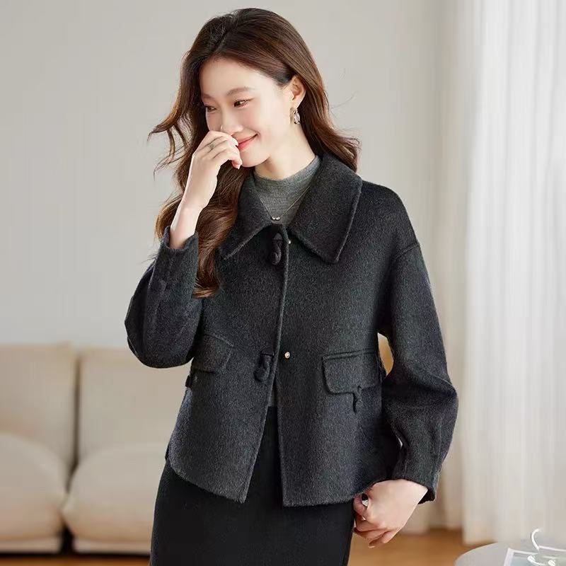 J035时尚翻领双面品质呢外套女秋冬新款高端减龄气质短款品质大衣