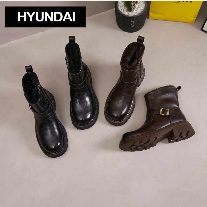韩国现代/Hyundai 韩版真皮加绒加厚女士锁温马丁靴厚底25951