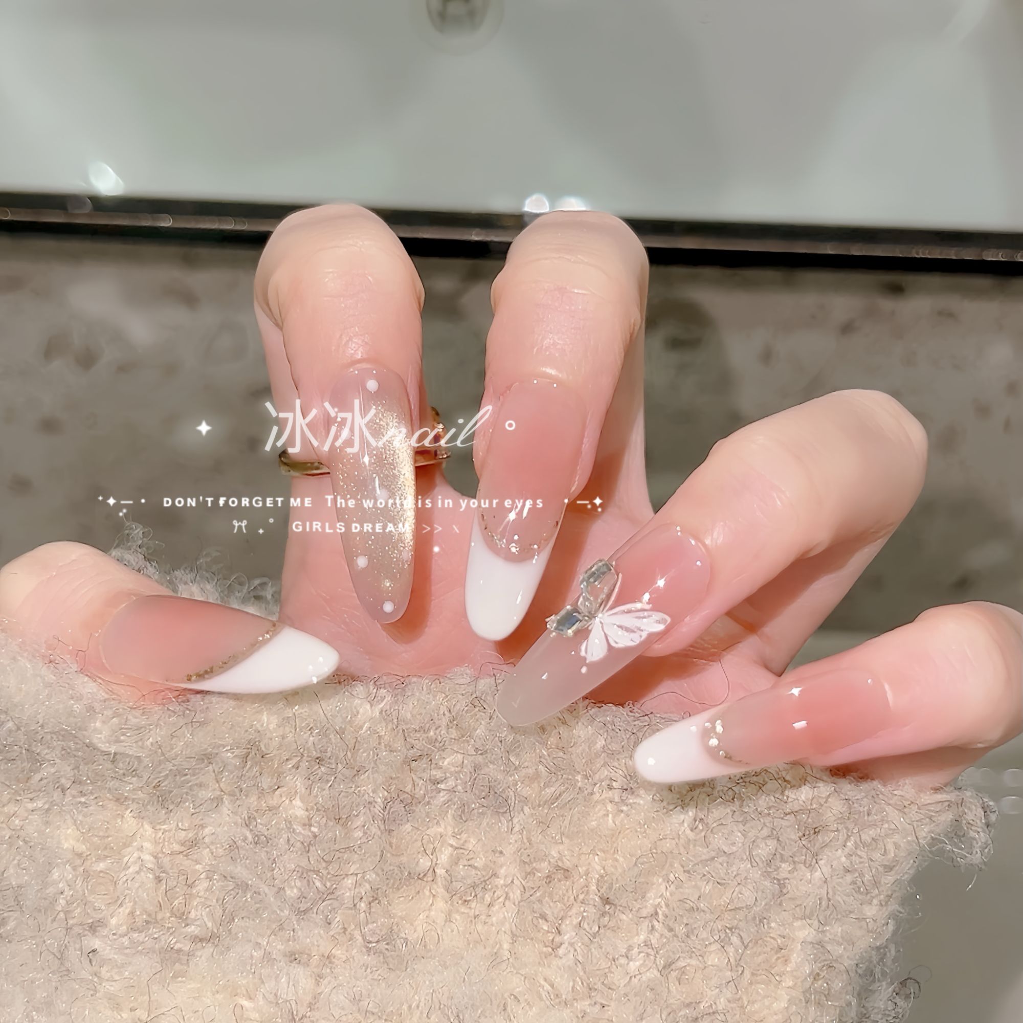 【白色恋人】猫眼轻奢法式立体蝴蝶高级显白可拆卸穿戴甲贴片10片装