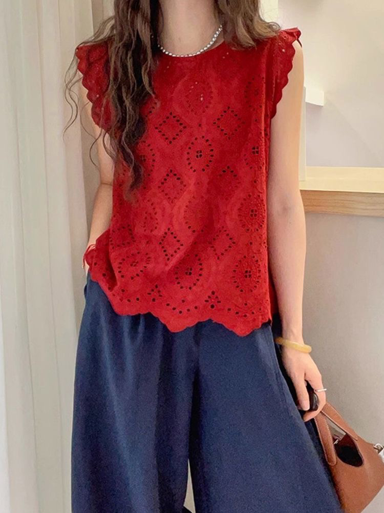 韩系显瘦圆领镂空无袖女背心夏季新款时尚小衫