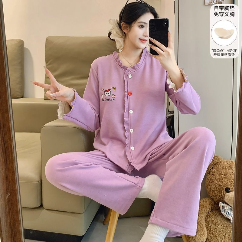 紫色小猫羊绒新款韩系带胸垫秋冬季恒温休闲甜美少女家居服加厚