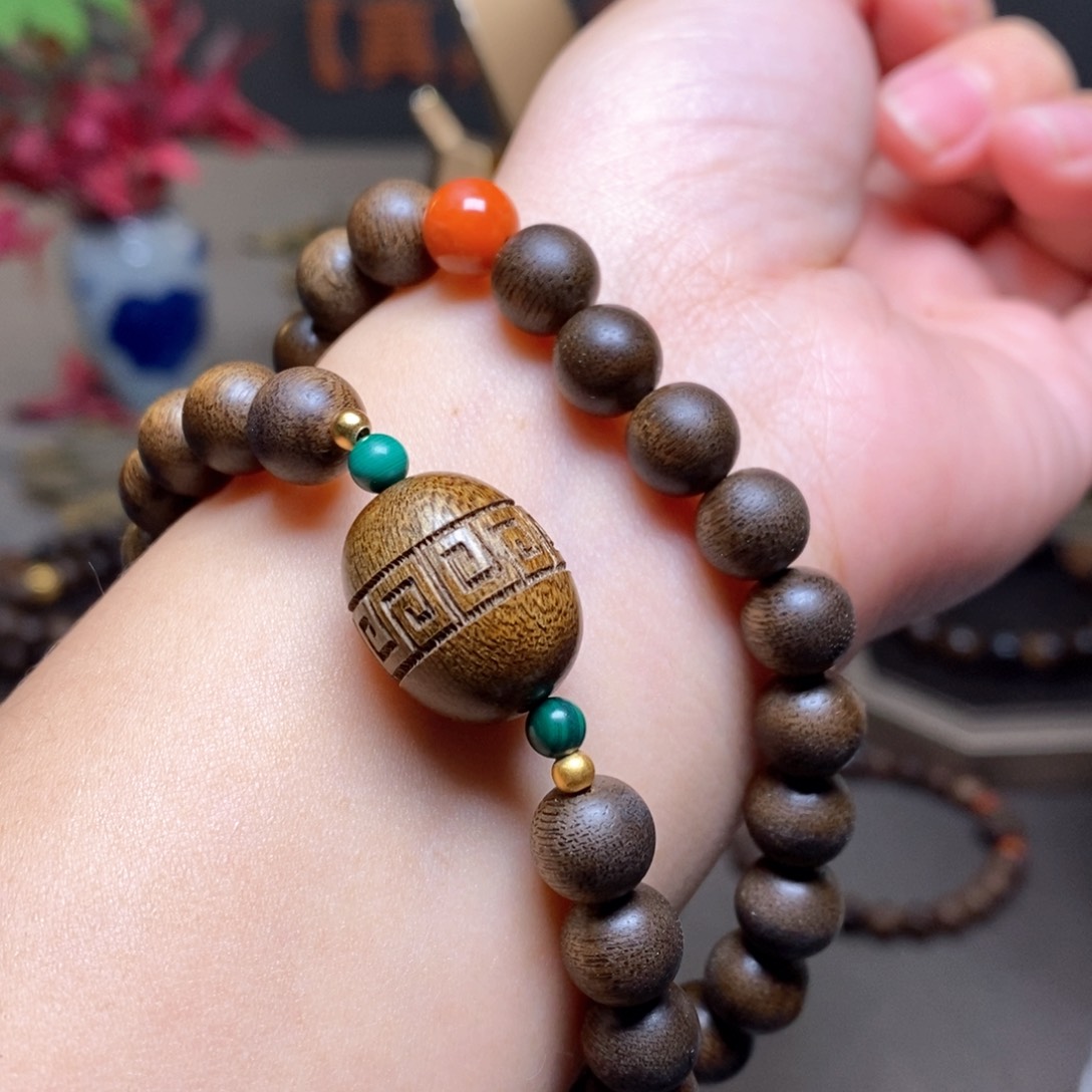 沉香手串越南芽庄古董料紫棋楠0.8➕红土沉香木雕设计配饰