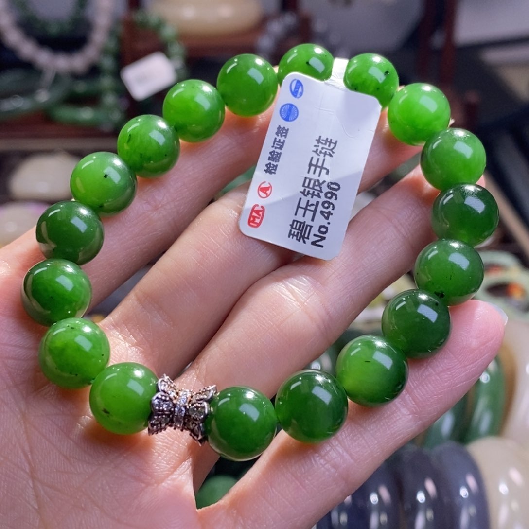 和田玉碧玉银镶手串10MM未镶嵌