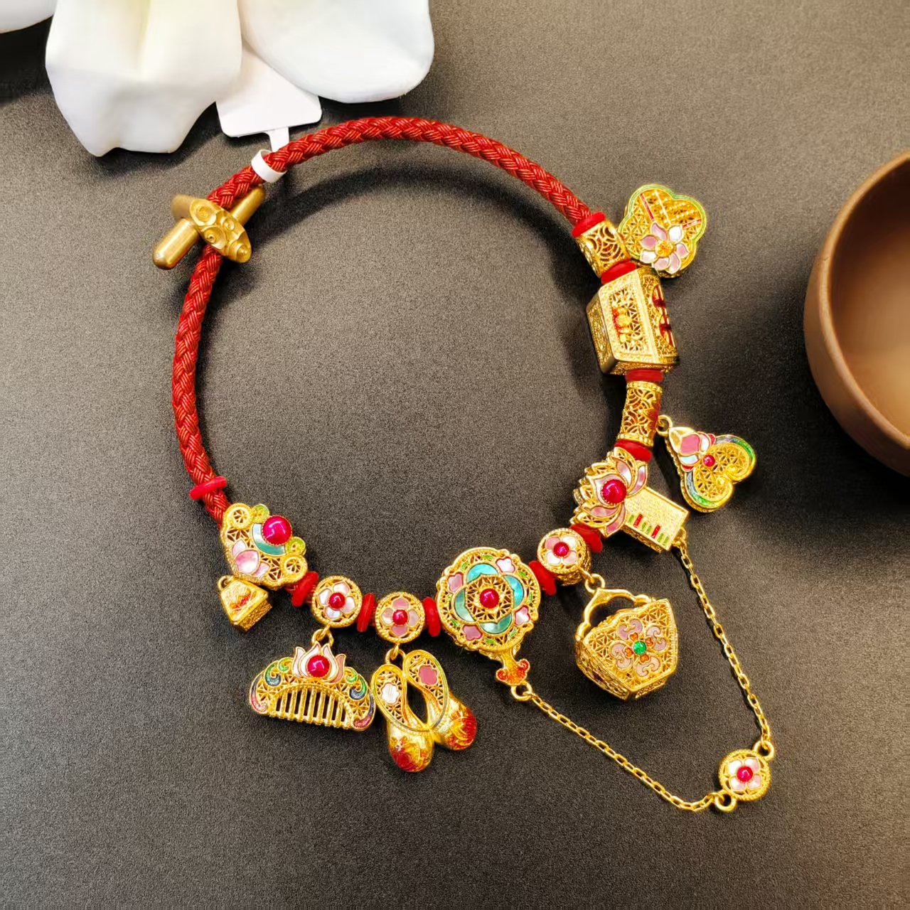 【恒潮珠宝】九宝足金古法鎏彩螺钿手串H09613807