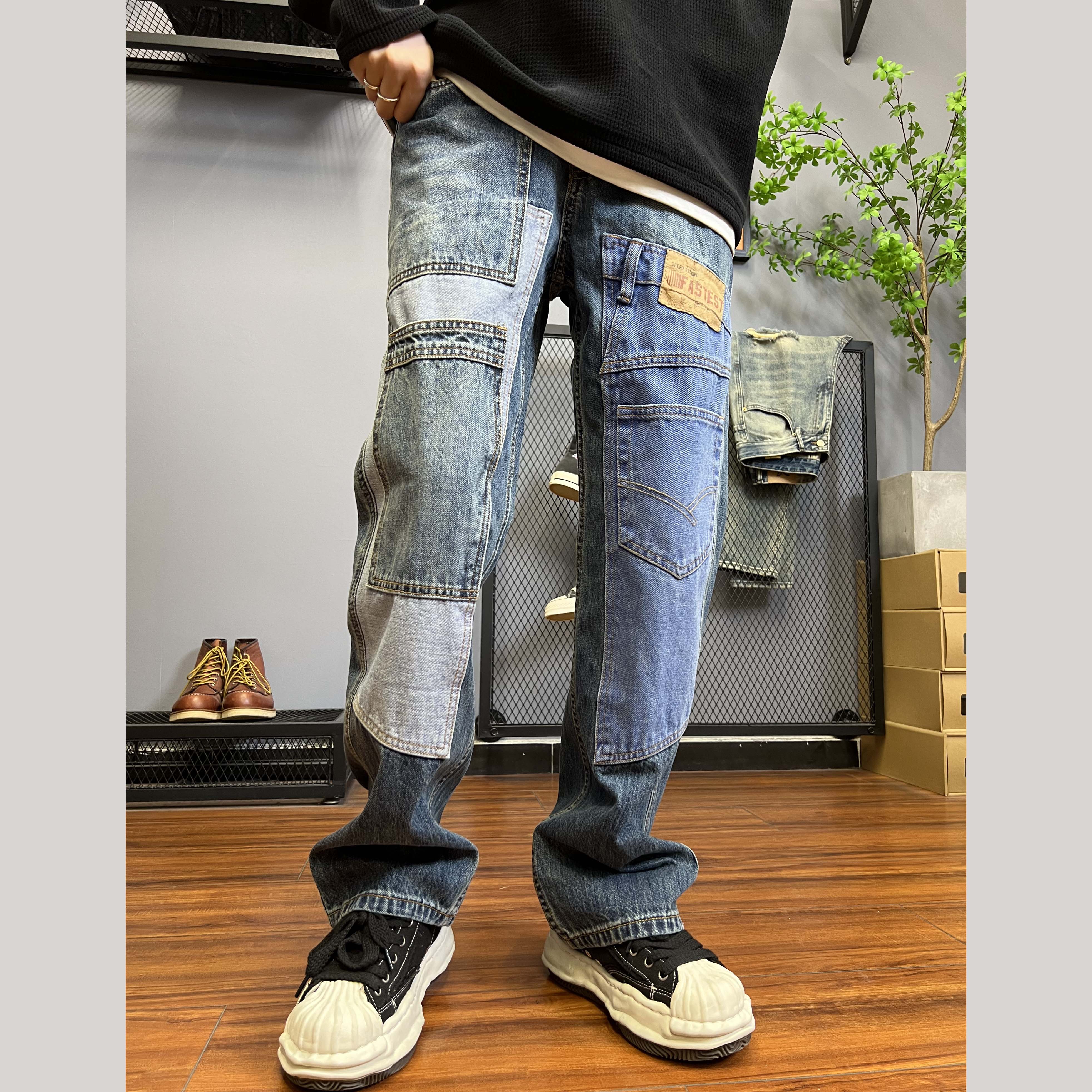 秋冬款美式复古潮牌高街宽松直筒水洗做旧拼接男士秋冬款裤子C652