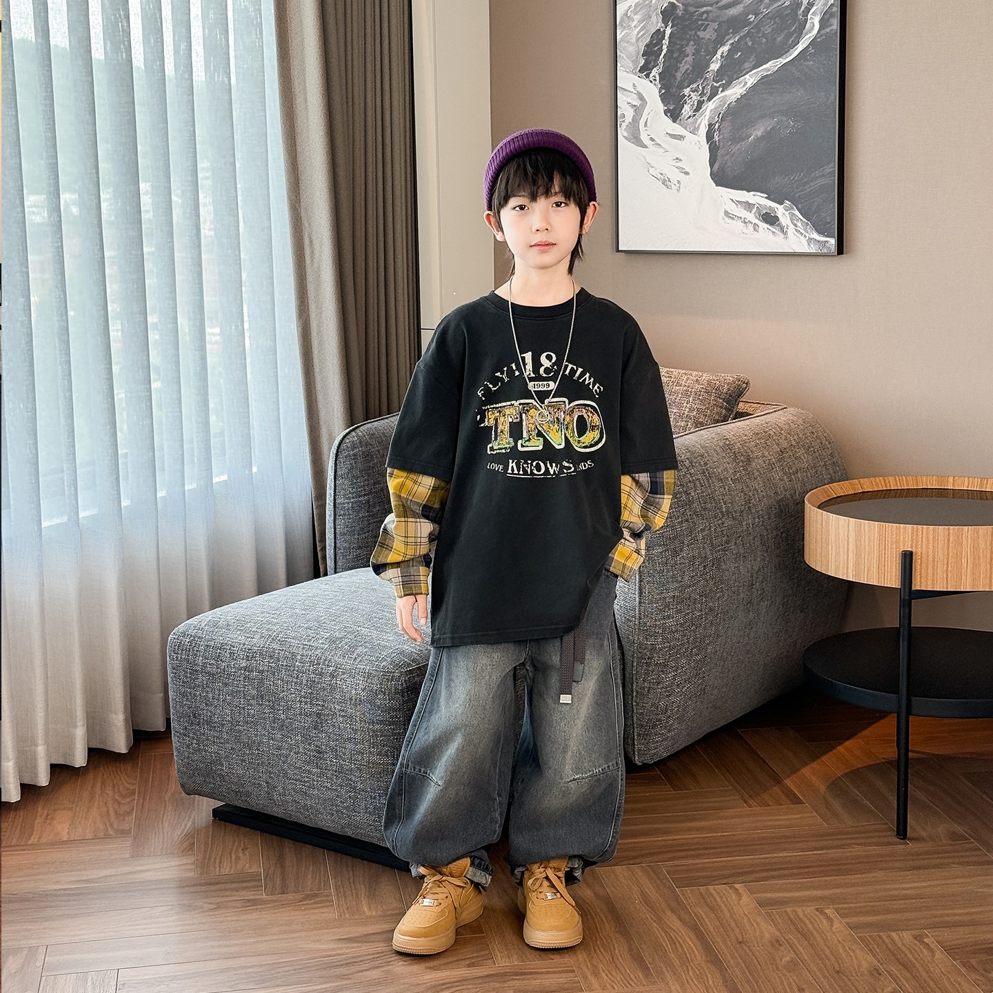 Y8811男童长袖T恤2025秋季儿童假两件格子袖拼接上衣中大童打底衫