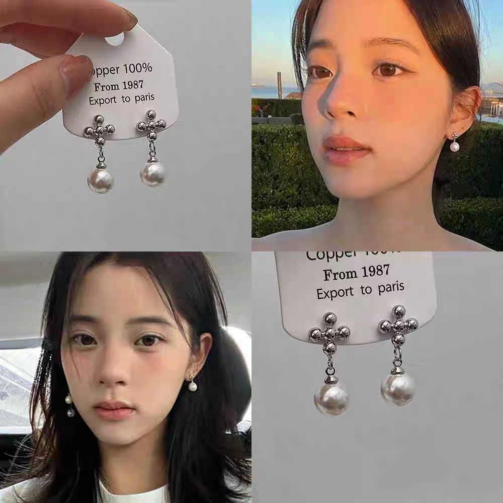 铜合金仿珍珠耳饰 欧阳娜娜同款十字架珍珠耳夹气质蚊香盘耳夹