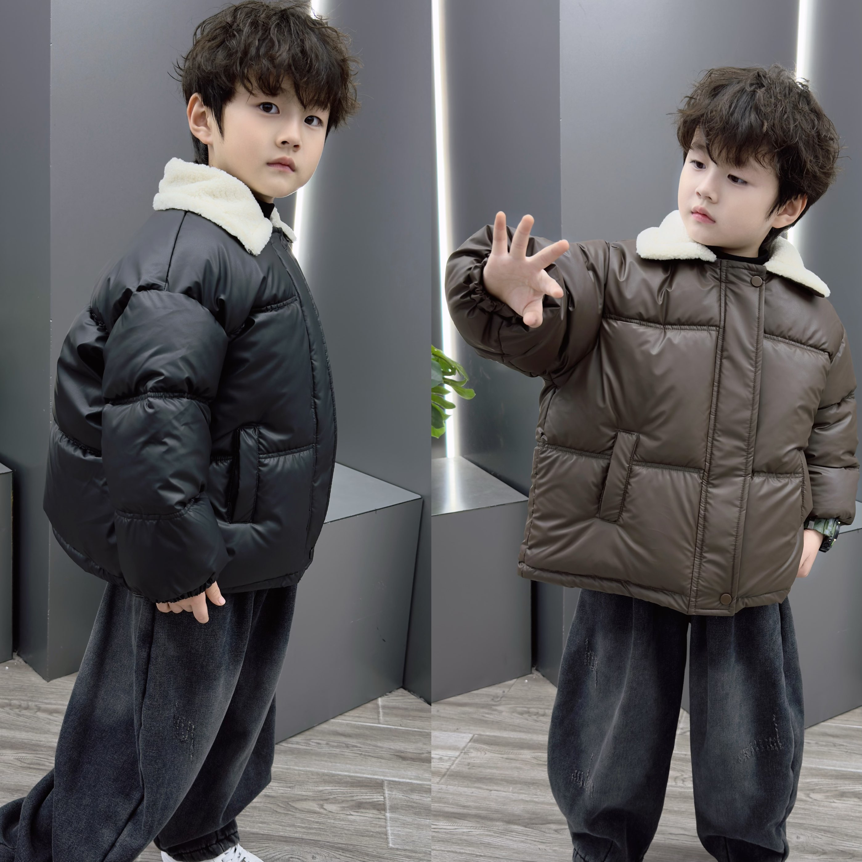 男童冬季新款潮酷帅气韩版加厚保暖小样皮三防可免洗翻领羔毛棉服