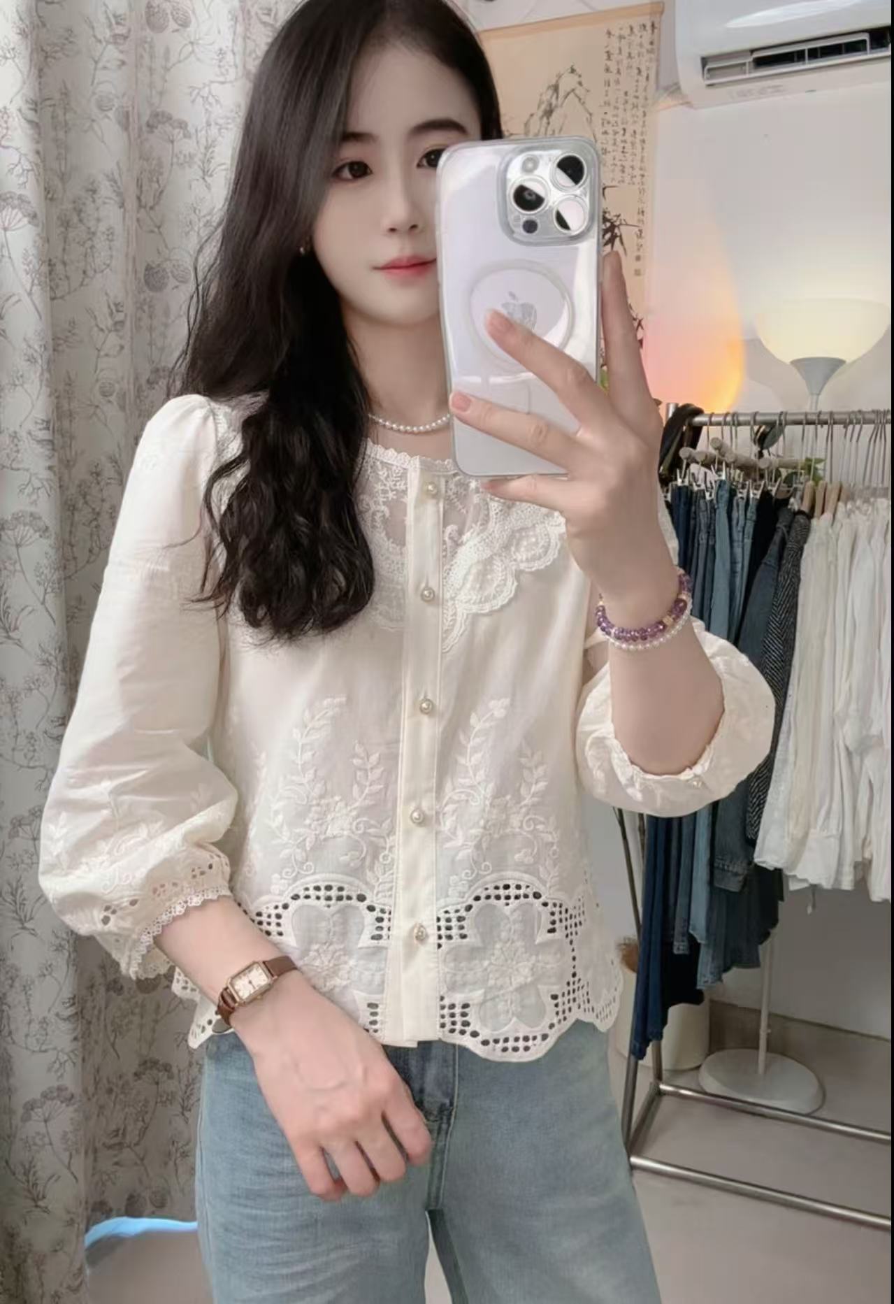 新款早秋七分袖衬衫女新款淑女小衫宽松甜美百搭上衣女