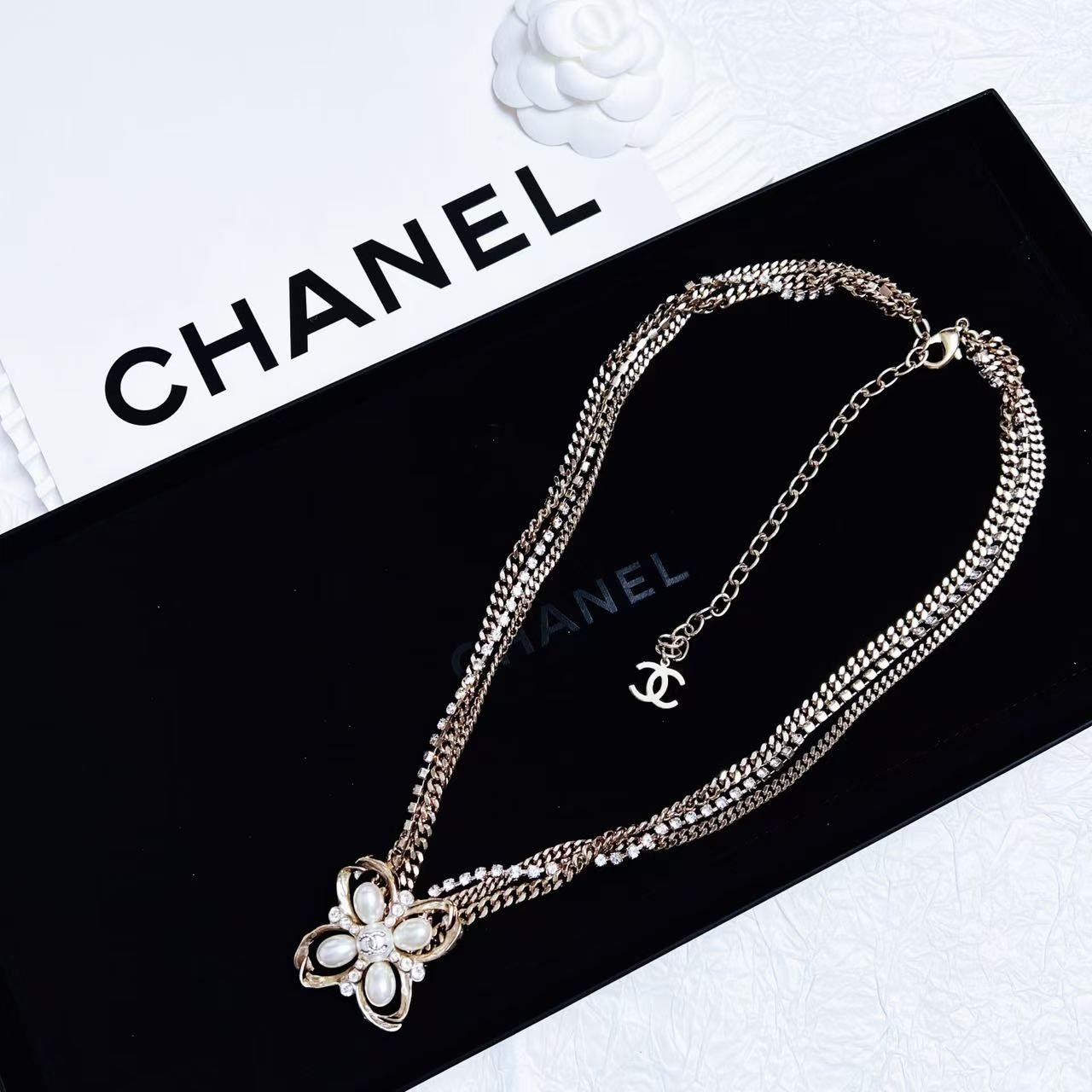 95新 Chanel/香奈儿 柚礼中古/十字珍珠莱茵石多层项链CG501037