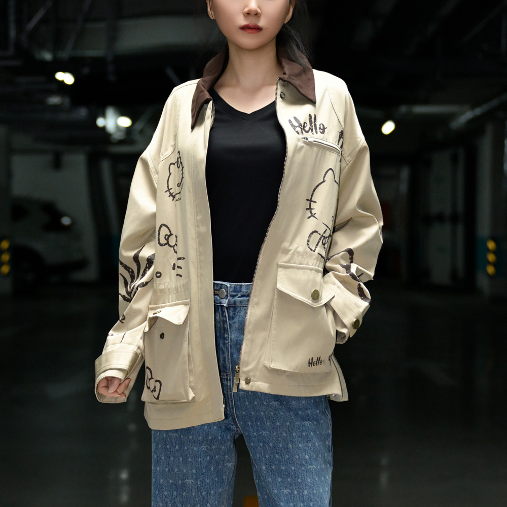 琥珀流光法式优雅kitty猫印花山系游牧风多巴胺穿搭千金风外套