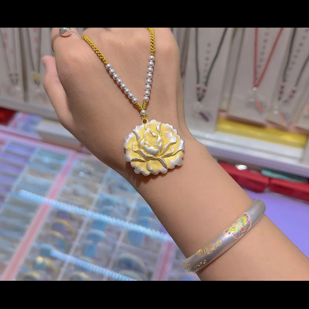 吊坠足银 足银吊坠牡丹花吊坠