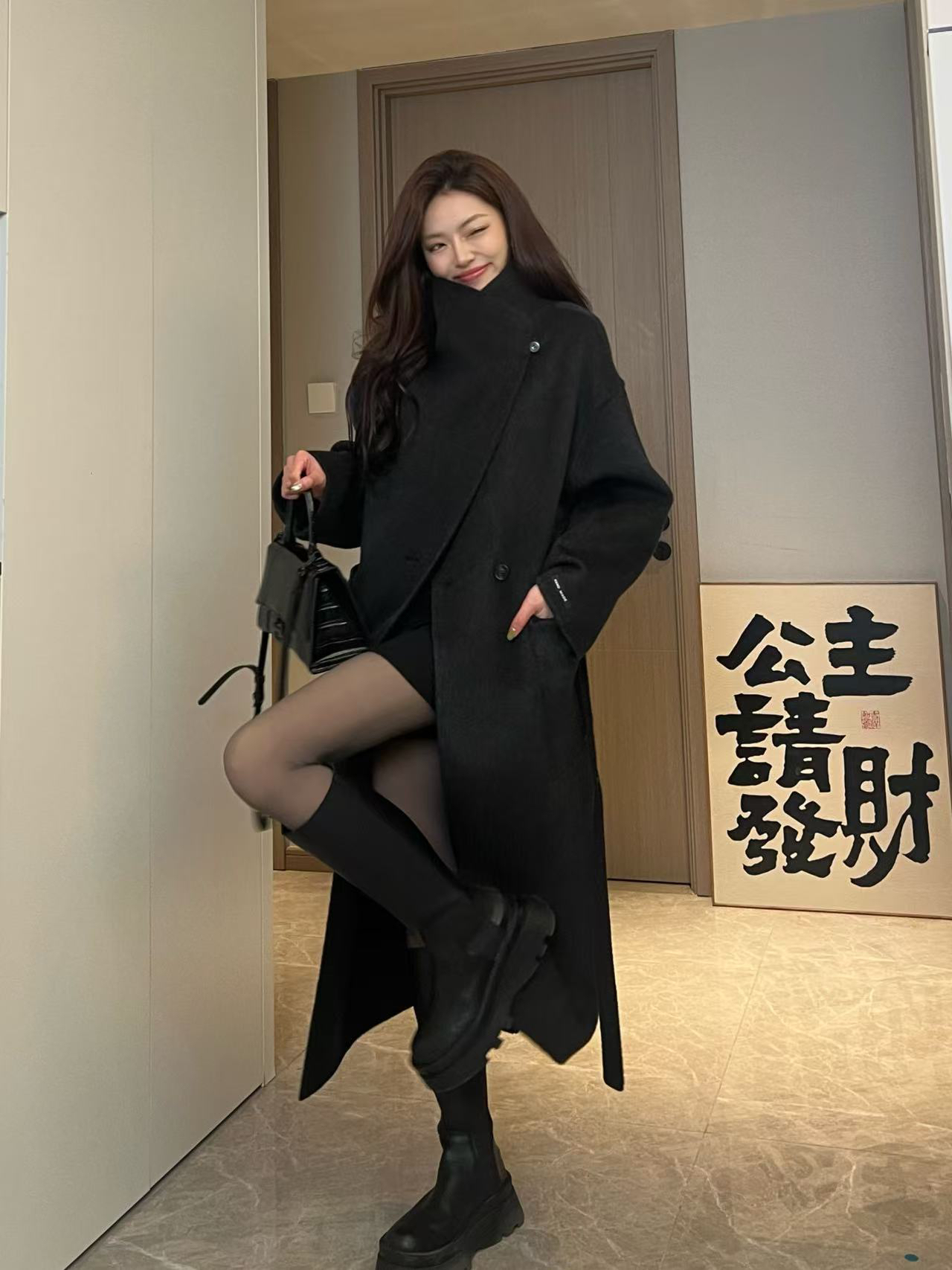 【言言yes / ab面】斜边立领可翻领 拼色层次感双面羊毛大衣