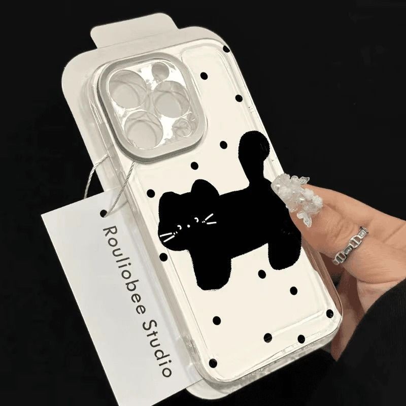 可爱波点黑猫适用苹果16PROMAX手机壳iPhone15新款14全包13软壳12