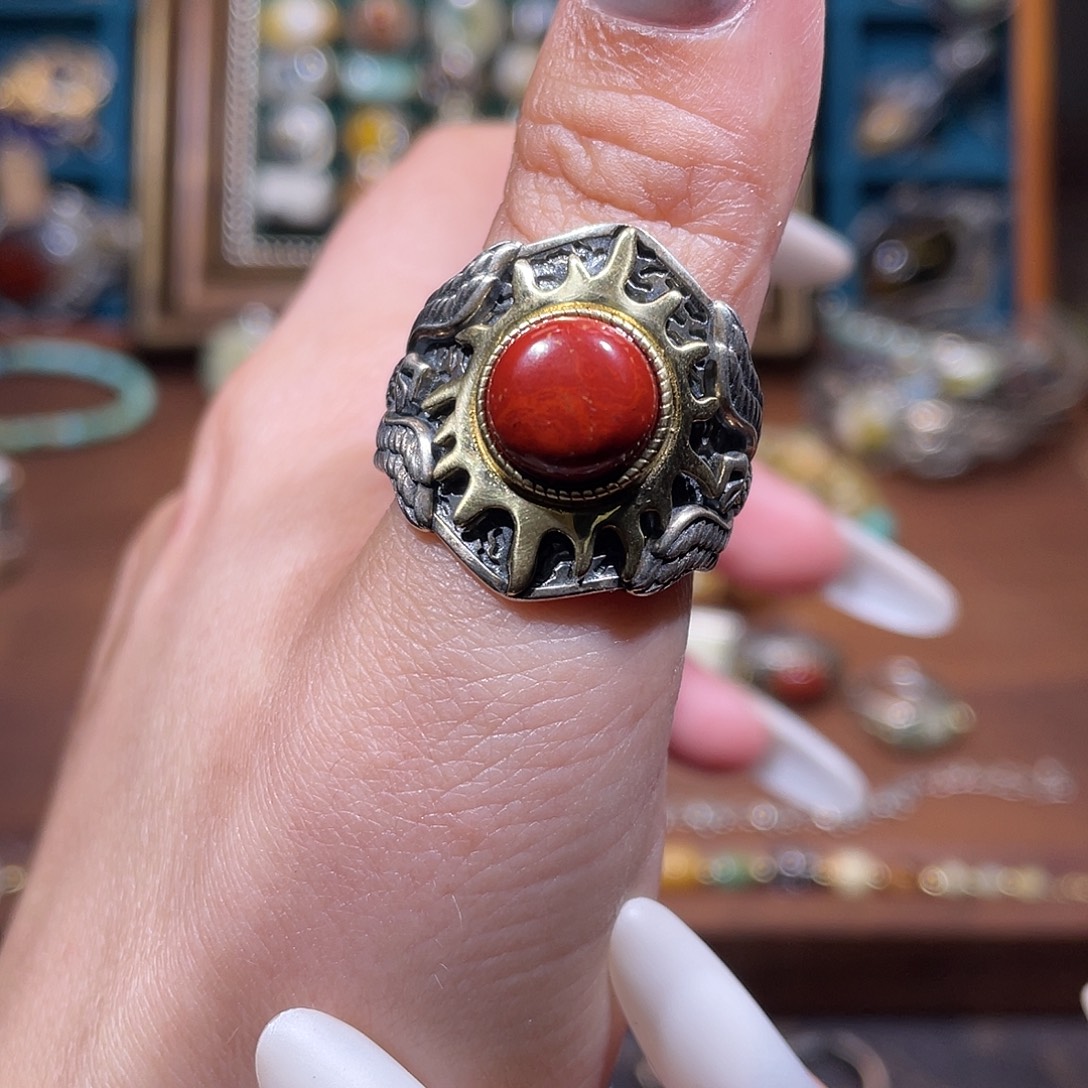 清***雨南红玛瑙银S925镶嵌戒指戒指