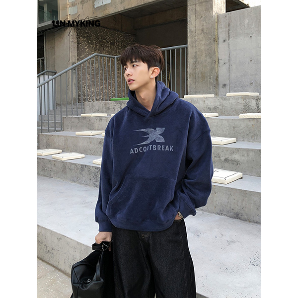 LIN MYKIN 美式复古字母印花套头蓝色冬季加绒加厚连帽卫衣男