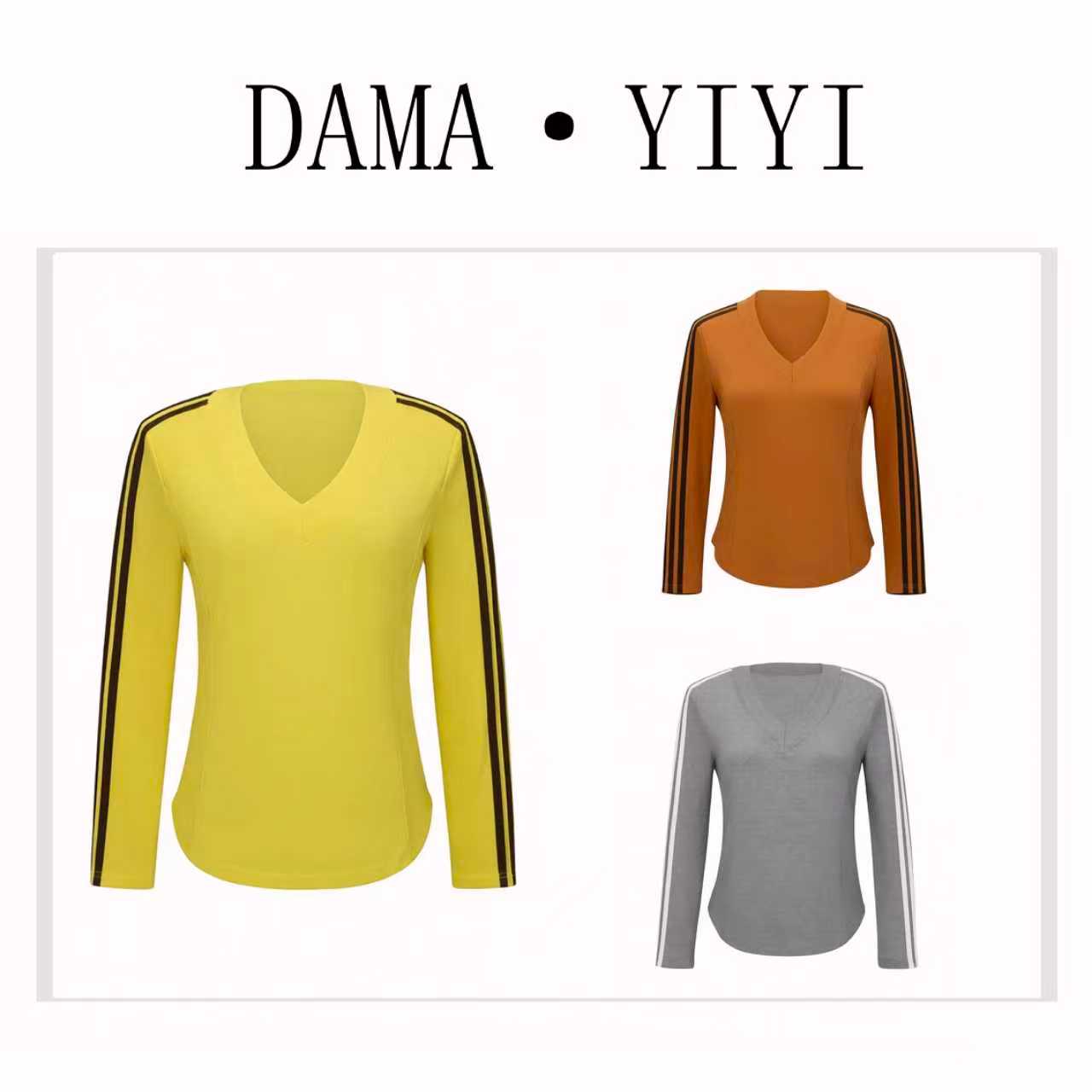 D25100设计感条纹撞色长袖v领T恤女新款时尚修身内搭打底衫上衣