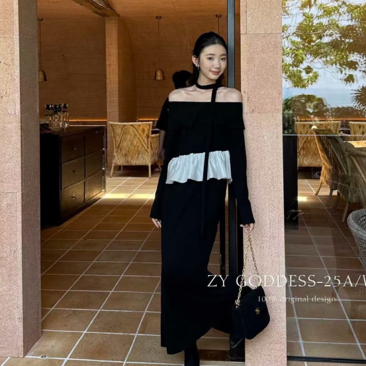法式一字肩荷叶边拼接长袖衬衫女秋季2025高腰垂感长裙两件套
