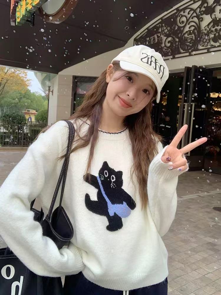 设计感秋冬新款韩系套头毛衣女猫咪百搭休闲保暖内搭针织衫上衣