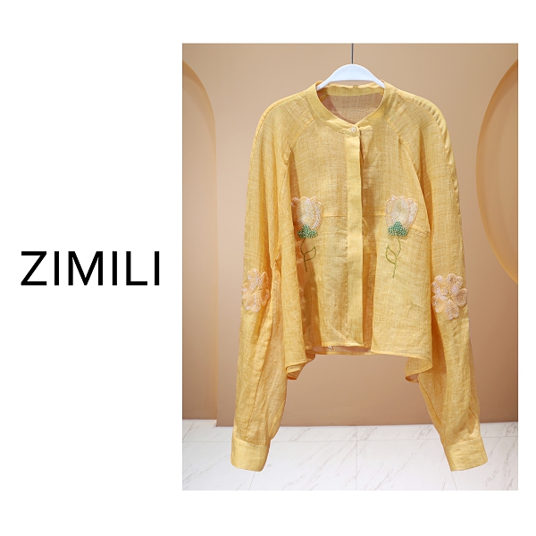 【亮哥女装】2025欧版《亚麻》杏黄色刺绣串珠印花气质衬衫8015-Z6