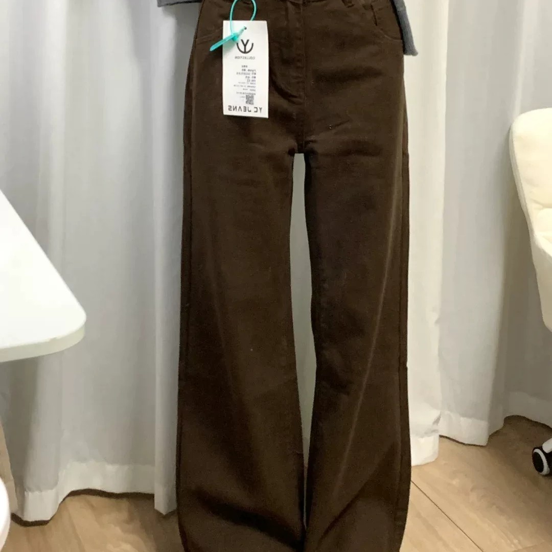 秋冬新款咖色加绒高腰阔腿牛仔裤女百搭显瘦