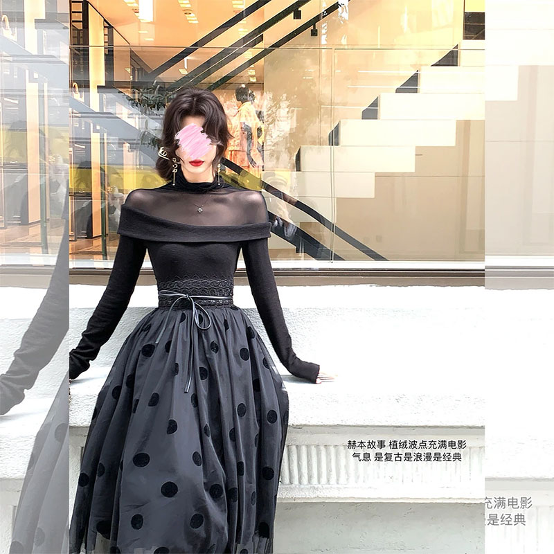 【6~8运补】赫本故事 复古浪漫朦胧美学T恤/植绒波点半裙