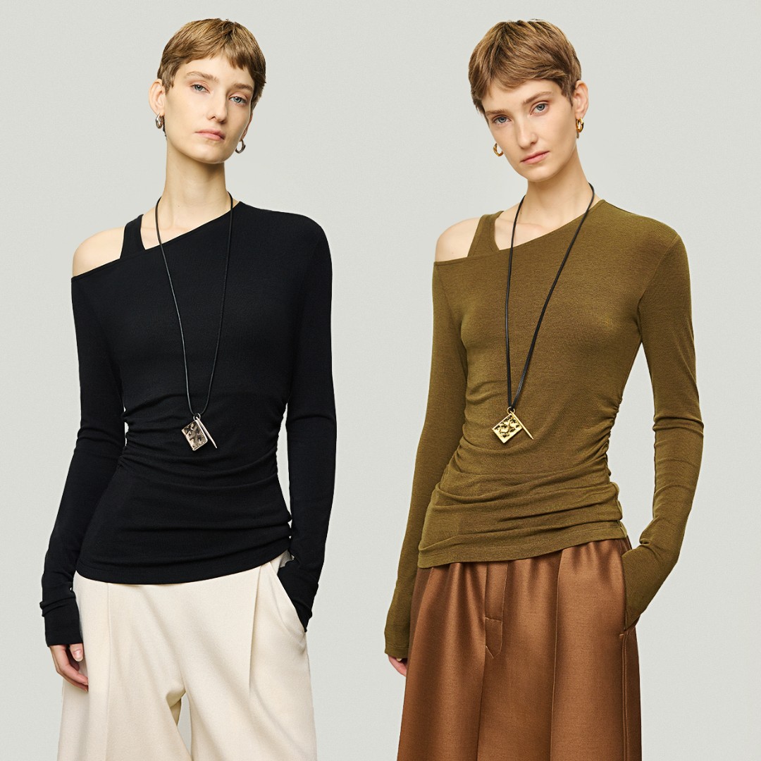 开间/时髦软糯轻柔羊毛莱赛尔 弹力斜肩修身显瘦假两件长袖T