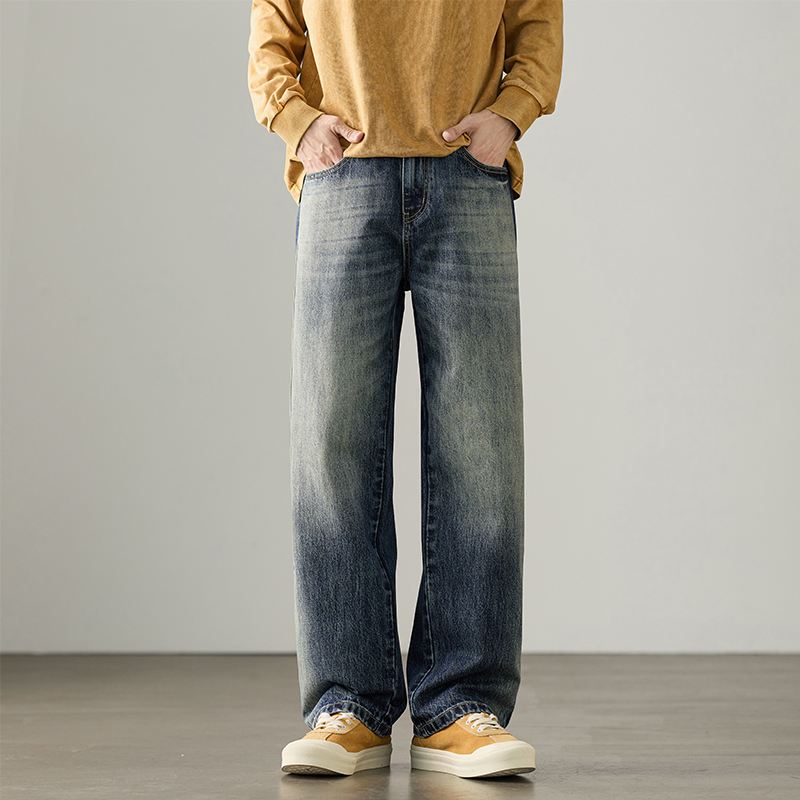 秋冬新款厚款宽松直筒美式复古高街无弹牛仔裤男士百搭潮流长裤