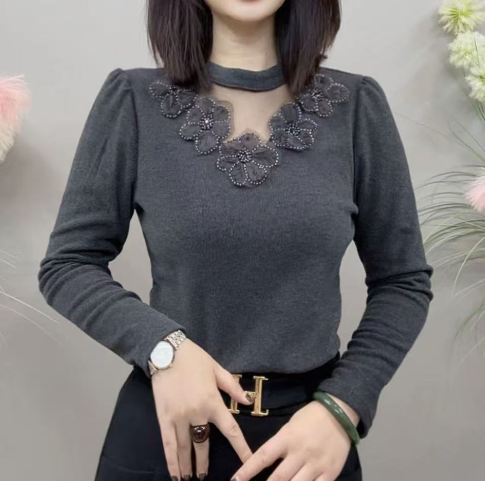 2025冬款半高领蕾丝花朵双面绒长袖衬衫女修身减龄时尚上衣-25221