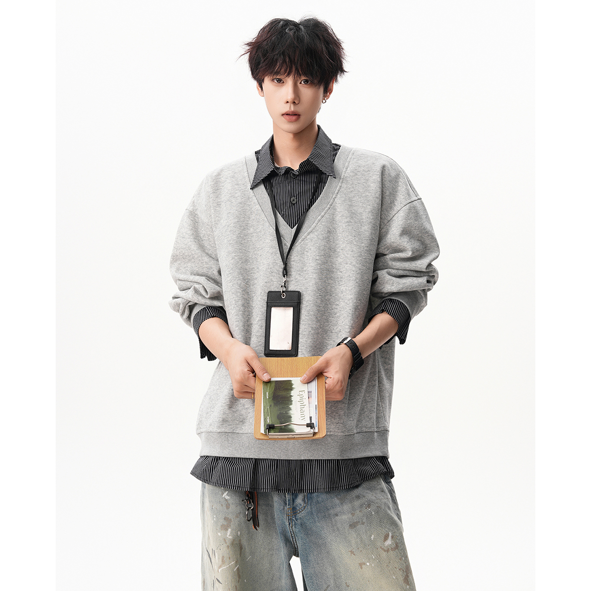 美式假两件灰色重磅卫衣男潮牌新款秋季宽松休闲翻领POLO衫上衣服