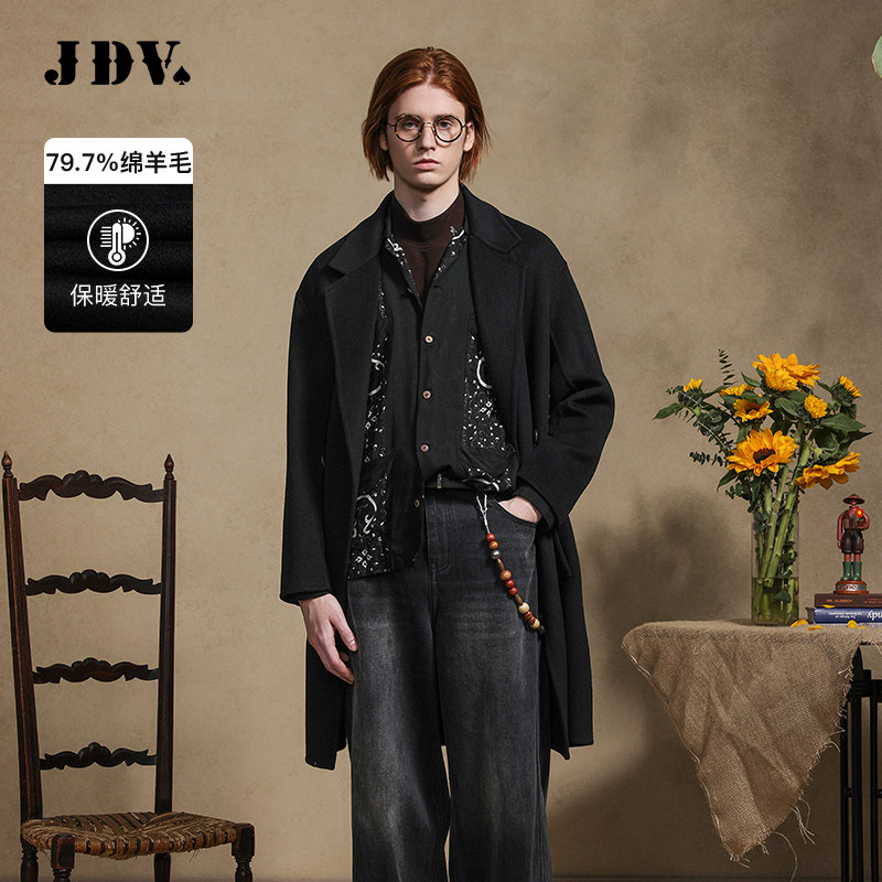 JDV男装商场同款秋冬新款黑色翻领宽松绵羊毛呢大衣外套WCO4533