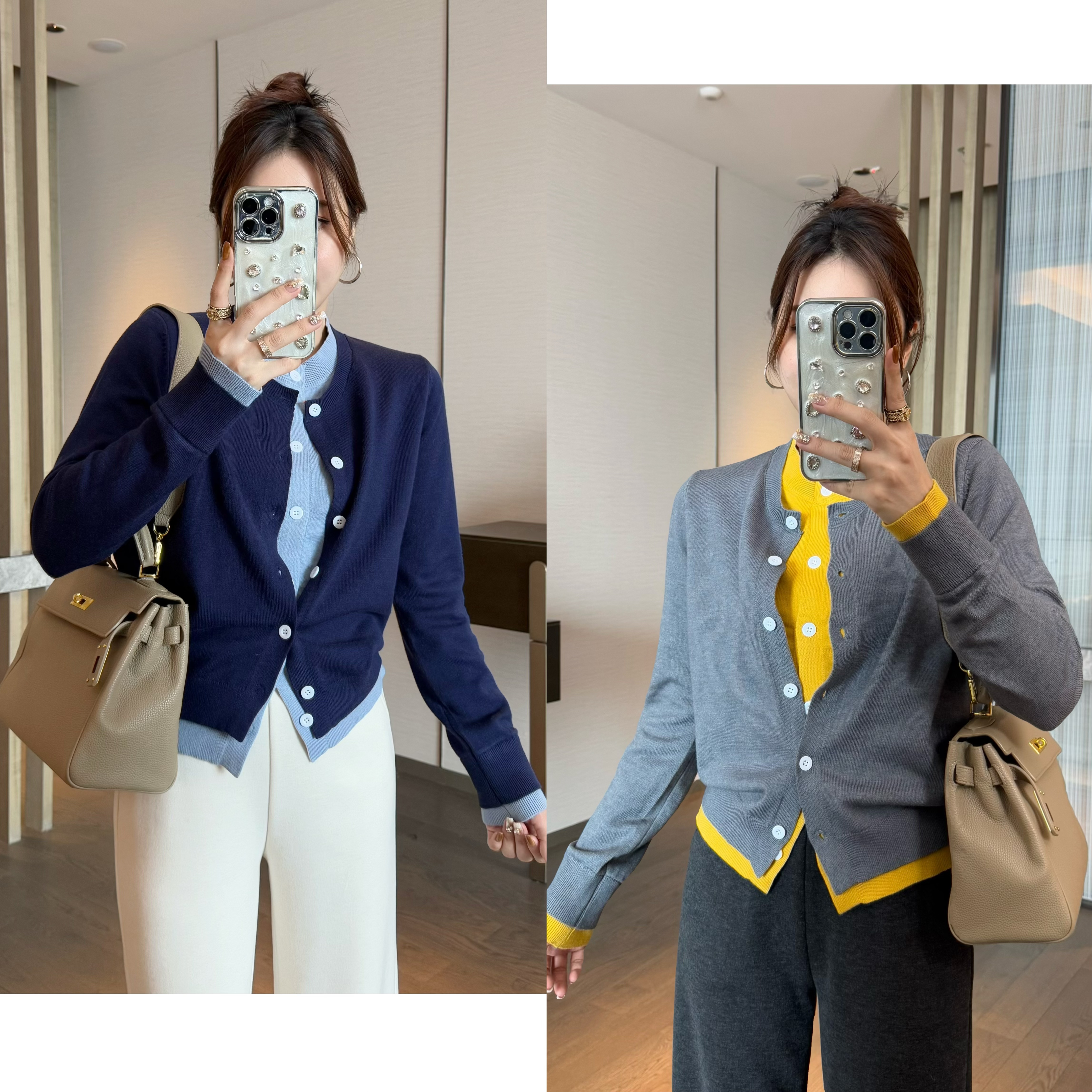 撞色假两件针织开衫女秋季高级感慵懒风内搭毛衣设计感上衣