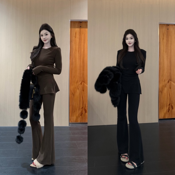 DAMIN/【纸片人套装】加绒圆领侧开叉上衣高腰微喇裤显瘦洋气两件套