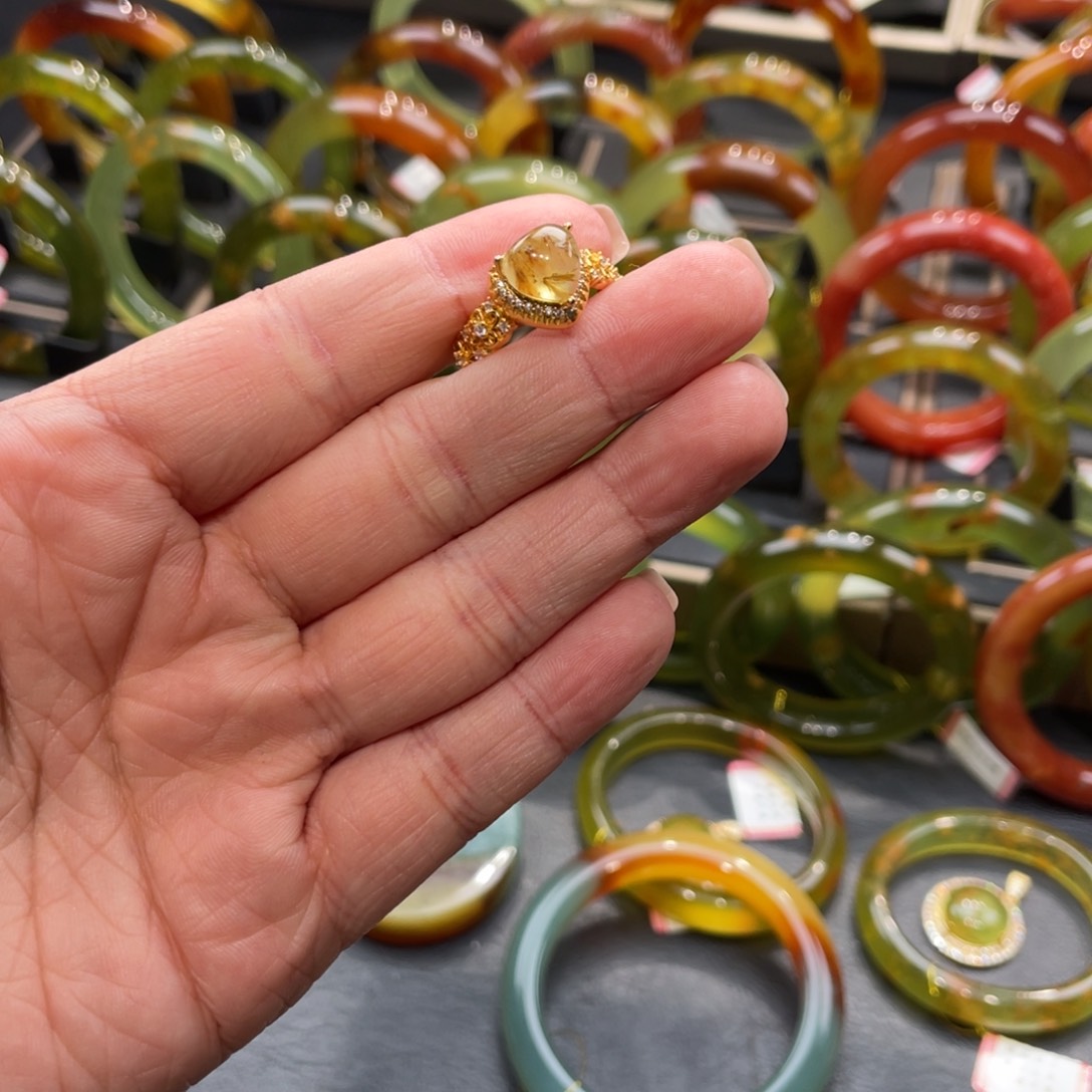 蛇纹石玉戒指银S925镀金镶嵌