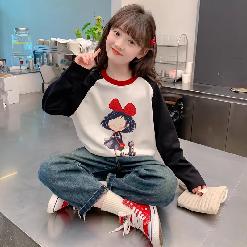 女童春秋纯棉长袖t恤2025新款中大童洋气印花拼色上衣儿童打底衫T