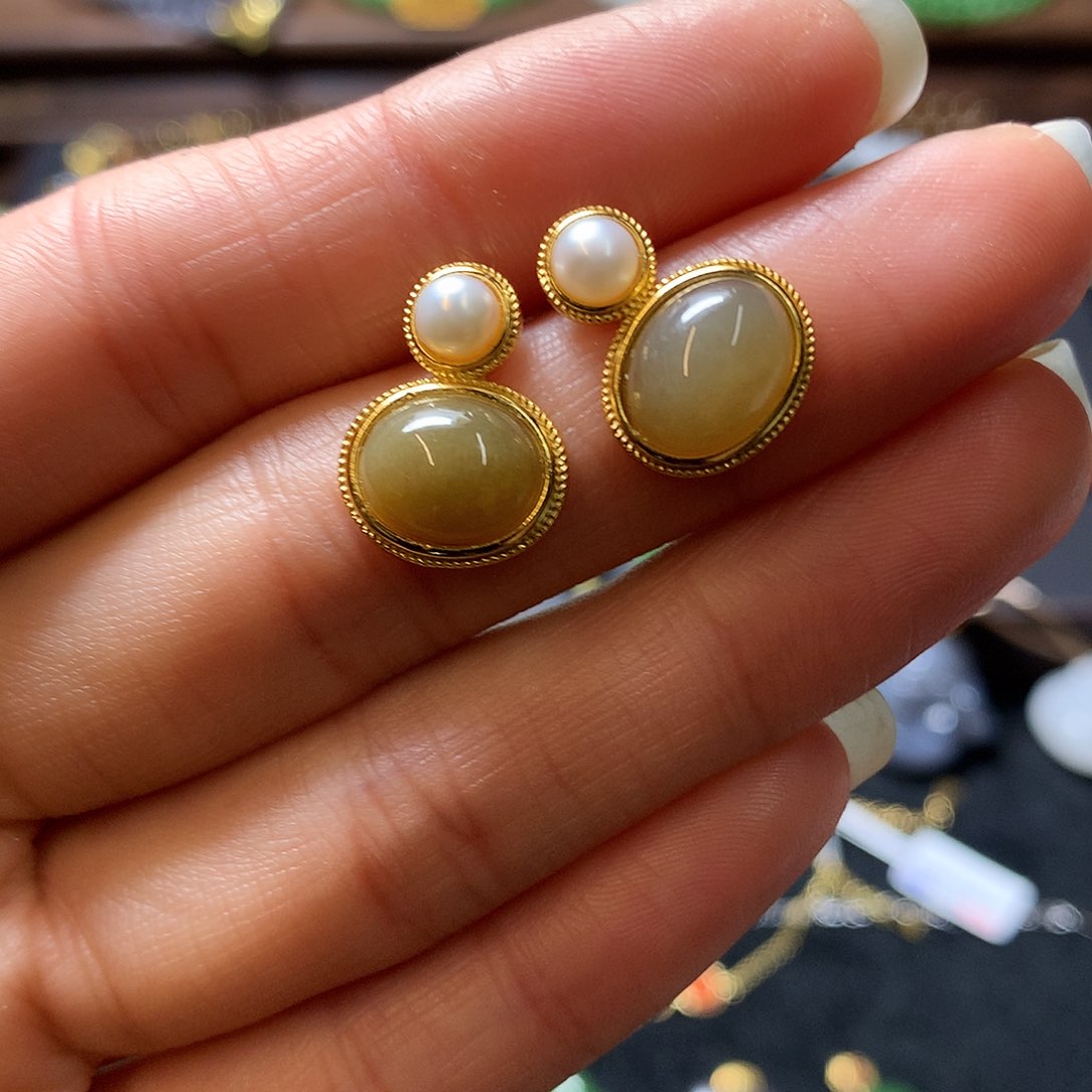 和田玉耳饰银S925镶嵌