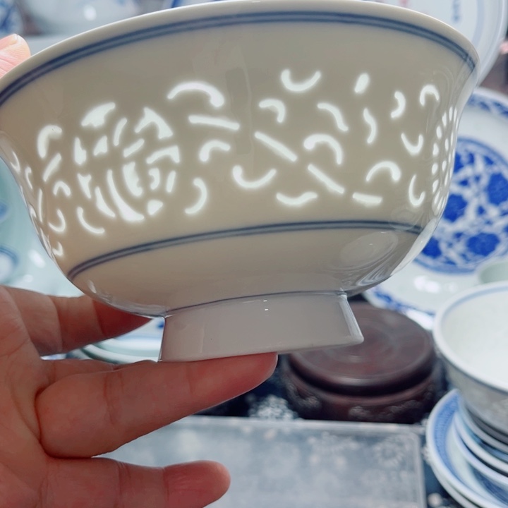 青花玲珑6寸面碗满雕双福双线