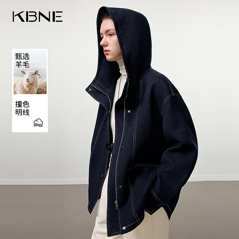 KBNE羊毛大衣女秋冬高级感爆款2025新款复古撞色明线连帽毛呢外套